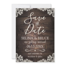 Rustieke houten Save the Date vintage kanten uitno
