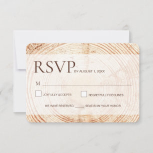 Rustieke houten schijf boomringen reserveren stoel RSVP kaartje