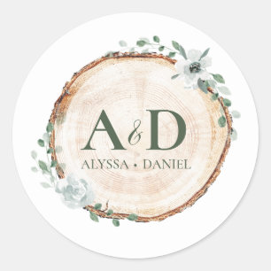 Rustieke Houten Schijf Botanisch Trouw Monogram Ronde Sticker