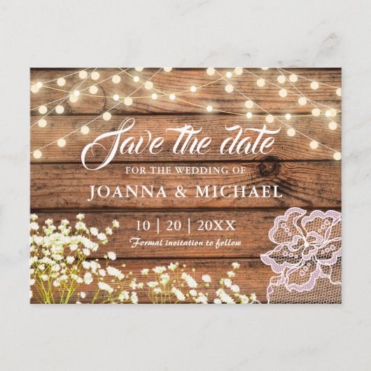 Rustieke Houten Schuur String Lights Save the Date Briefkaart (Voorkant)
