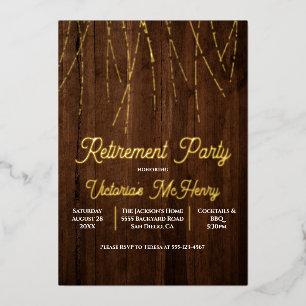 Rustieke houten slinger van lichtjes Pensioenfeest Folie Uitnodiging