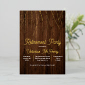Rustieke houten slinger van lichtjes Pensioenfeest Folie Uitnodiging (Staand Voorkant)