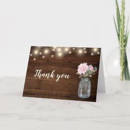 Rustieke houten slingerlamp met bloem in metselpot bedankkaart