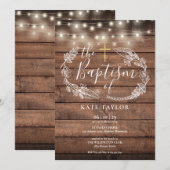 Rustieke houten slingerlampjes met blad Doopfeest Kaart (Voorkant / Achterkant)