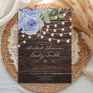 Rustieke houten slingerlicht blauw bloem bruilofts kaart
