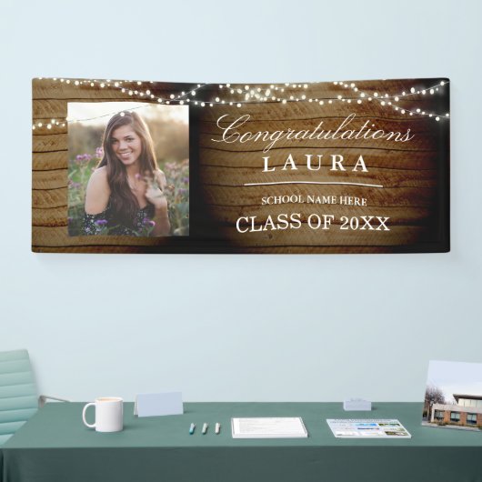 Rustieke houten slingerlichten afstudeerfoto banne spandoek (Beurs)