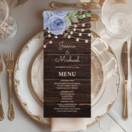 Rustieke houten slingerlichten blauwe bloem bruilo menu