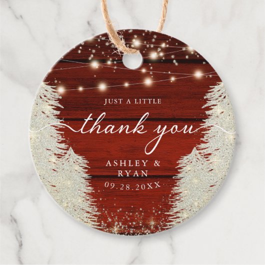 Rustieke houten slingerlichten bomen bruiloft beda bedankjes labels (Voorkant)