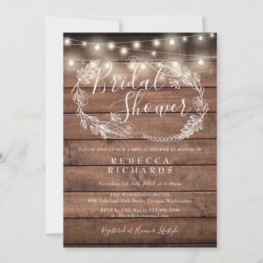 Rustieke houten slingerlichten bruidsdouche kaart (Voorkant)