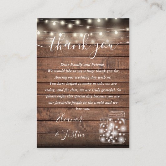 Rustieke houten slingerlichten bruiloft bedankt plaatskaartje (Voorkant)