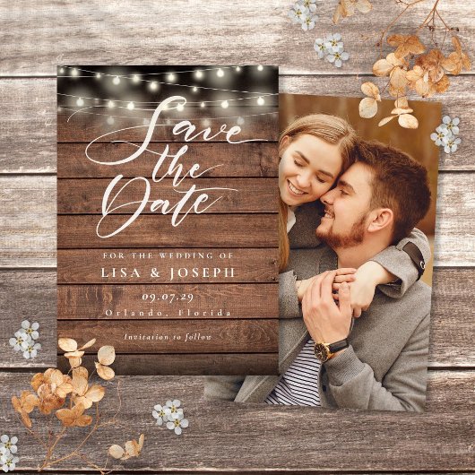 Rustieke houten slingerlichten foto bruiloft save the date
