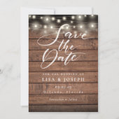 Rustieke houten slingerlichten foto bruiloft save the date (Voorkant)