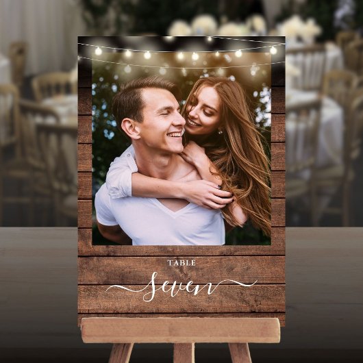 Rustieke houten slingerlichten fototafel nummer kaart