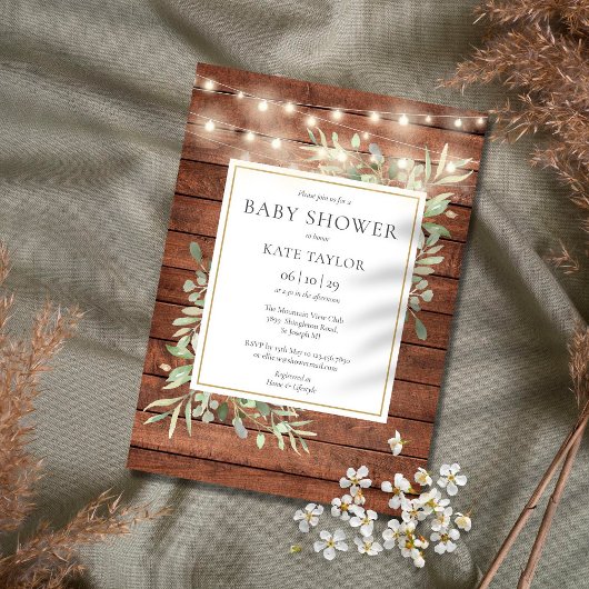 Rustieke houten slingerlichten groen baby shower kaart