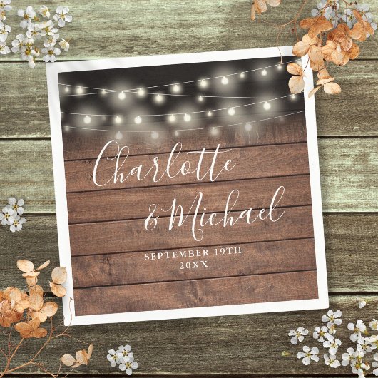 Rustieke houten slingerlichten handtekening bruilo servet