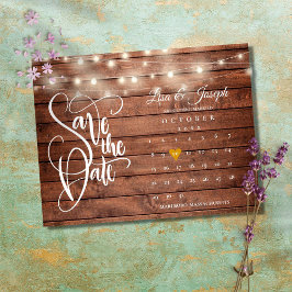 Rustieke houten slingerlichten kalender save the d aankondigingskaart