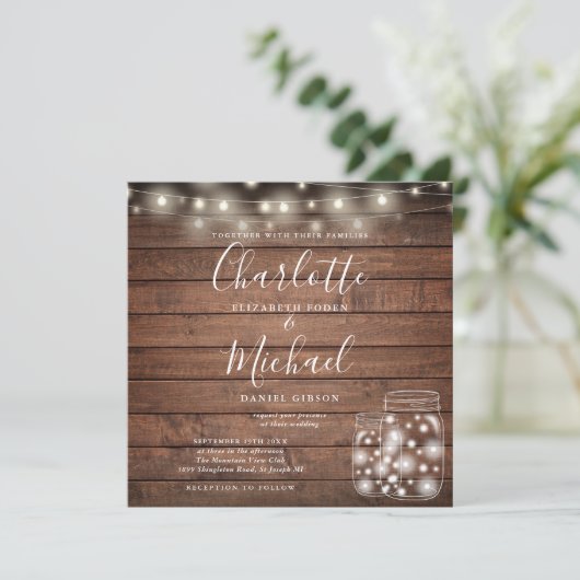 Rustieke houten slingerlichten Mason Jar bruilofts Kaart (Staand voorkant)