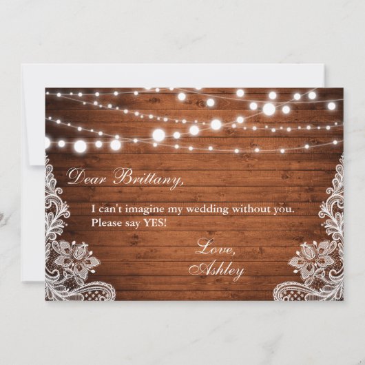 Rustieke houten slingerlichten met kant voor bruid kaart (Achterkant)