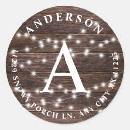 Rustieke houten slingerlichten monogram retouradre ronde sticker