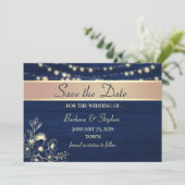 Rustieke houten slingerlichten Navy-blauw bruiloft Save The Date (Staand voorkant)