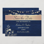 Rustieke houten slingerlichten Navy-blauw bruiloft Save The Date (Voorkant / Achterkant)
