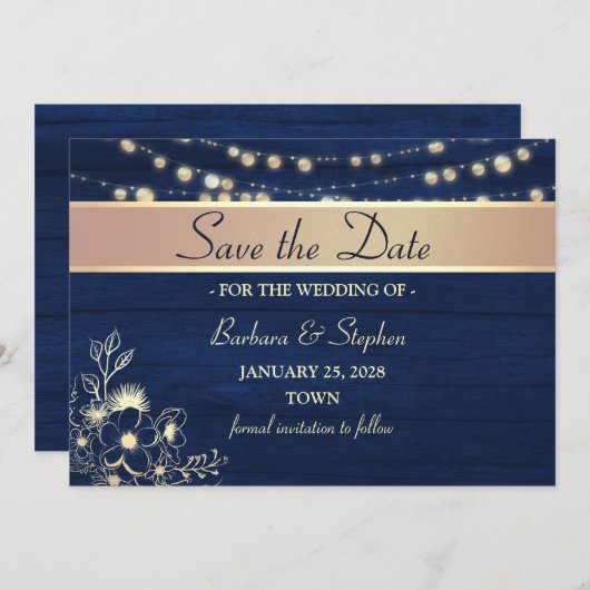 Rustieke houten slingerlichten Navy-blauw bruiloft Save The Date (Voorkant / Achterkant)