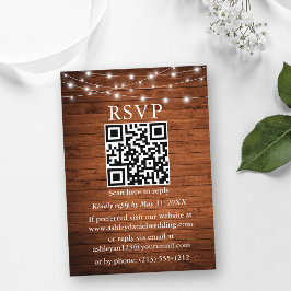 Rustieke houten slingerlichten QR bruiloft RSVP Informatiekaartje
