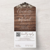 Rustieke houten slingerlichten QR-code bruiloft All In One Uitnodiging (Binnen)