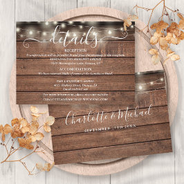 Rustieke houten slingerlichten script bruiloft det informatiekaartje