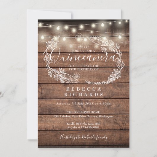 Rustieke houten slingerlichten script Quinceañera  Kaart (Voorkant)