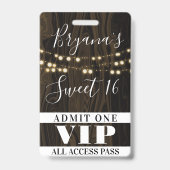 Rustieke houten slingerlichten Sweet 16 VIP-pas Badge (Achterkant)