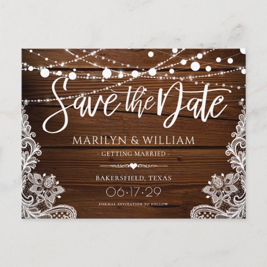 Rustieke houten slingerlichten Trouw Save The Date Aankondigingskaart (Voorkant)