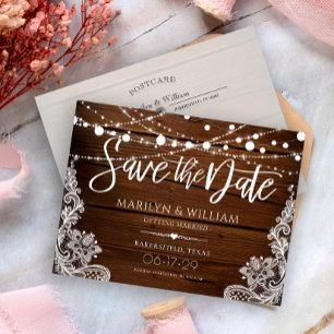 Rustieke houten slingerlichten Trouw Save The Date Aankondigingskaart