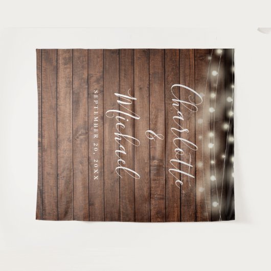 Rustieke houten slingerlichten trouwfoto-achtergro wandkleed (Voorkant (horizontaal))