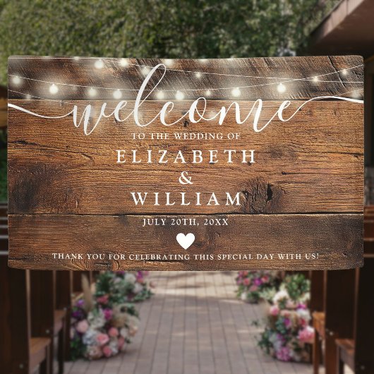 Rustieke houten slingerlichten trouwwelcome spandoek