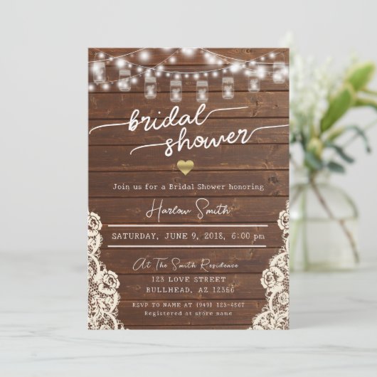 Rustieke houten slingerlichten zonnebloem bruidsdo kaart (Staand voorkant)