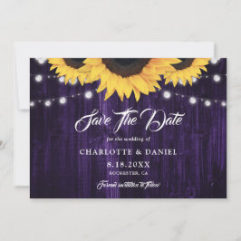 Rustieke houten slingerlichten zonnebloem paarse b save the date