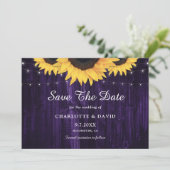 Rustieke houten slingerlichten zonnebloem paarse b save the date (Staand voorkant)