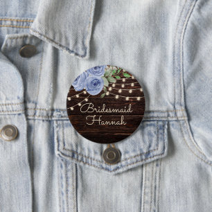 Rustieke houten slingerlichtjes blauwe bloemen bru ronde button 7,6 cm