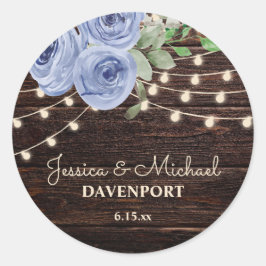 Rustieke houten slingerlichtjes blauwe bloemen bru ronde sticker