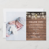 Rustieke houten slingerlichtjes foto doop bedankkaart (Voorkant)