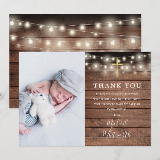 Rustieke houten slingerlichtjes foto doop bedankkaart (Voorkant / Achterkant)