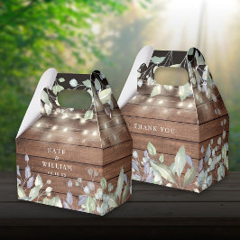 Rustieke houten slingerlichtjes gebladerte bruilof bedankdoosjes