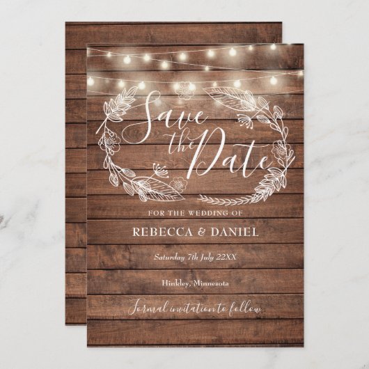 Rustieke houten slingerlichtjes landelijke bloemen save the date (Voorkant / Achterkant)