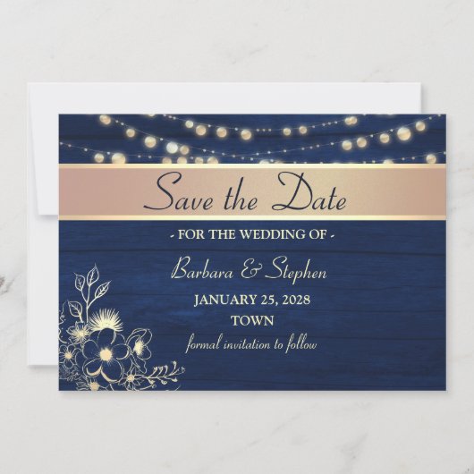 Rustieke houten slingerlichtjes Navy-blauw bruilof Save The Date (Voorkant)