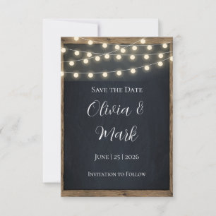 Rustieke houten & slingerlichtjes Save the Date RSVP Kaartje