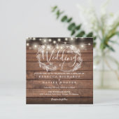 Rustieke houten slingerlichtjes vierkante bruiloft kaart (Staand voorkant)