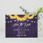 Rustieke houten slingerlichtjes zonnebloem paarse  save the date (Staand voorkant)