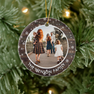 Rustieke Houten Sneeuwvlok Kerst Familie Foto Keramisch Ornament