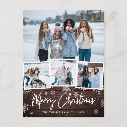 Rustieke houten sneeuwvlok Kerstmis foto collage Feestdagenkaart (Voorkant)